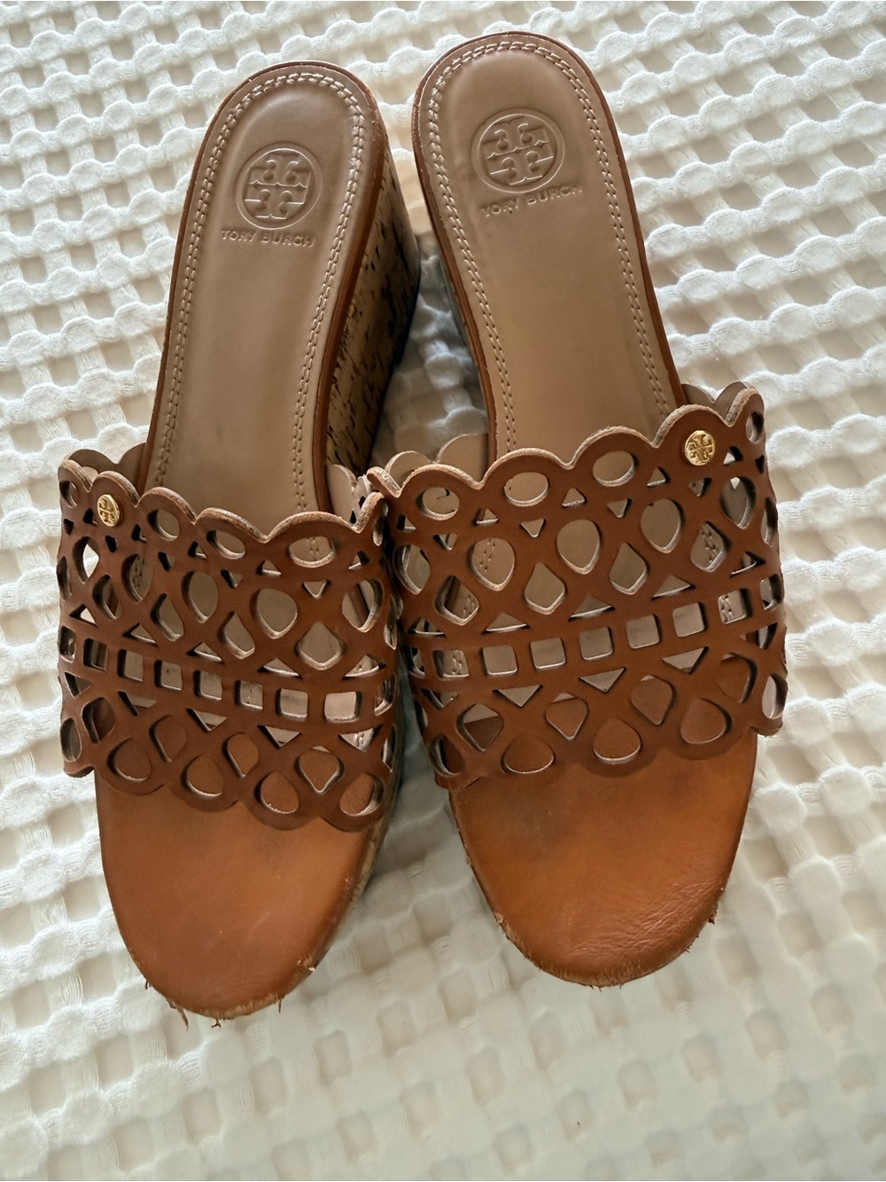 Tory Burch Brown Laser-Cut Leather Wedge Mules